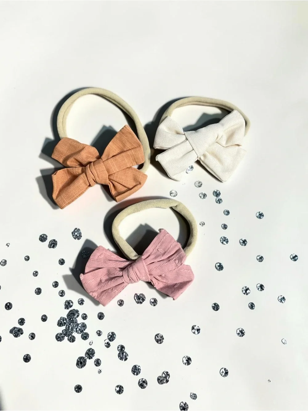 Handmade Baby Hair Bows Set of 3 | Stretchy Nylon Headbands | Soft Linen Texture